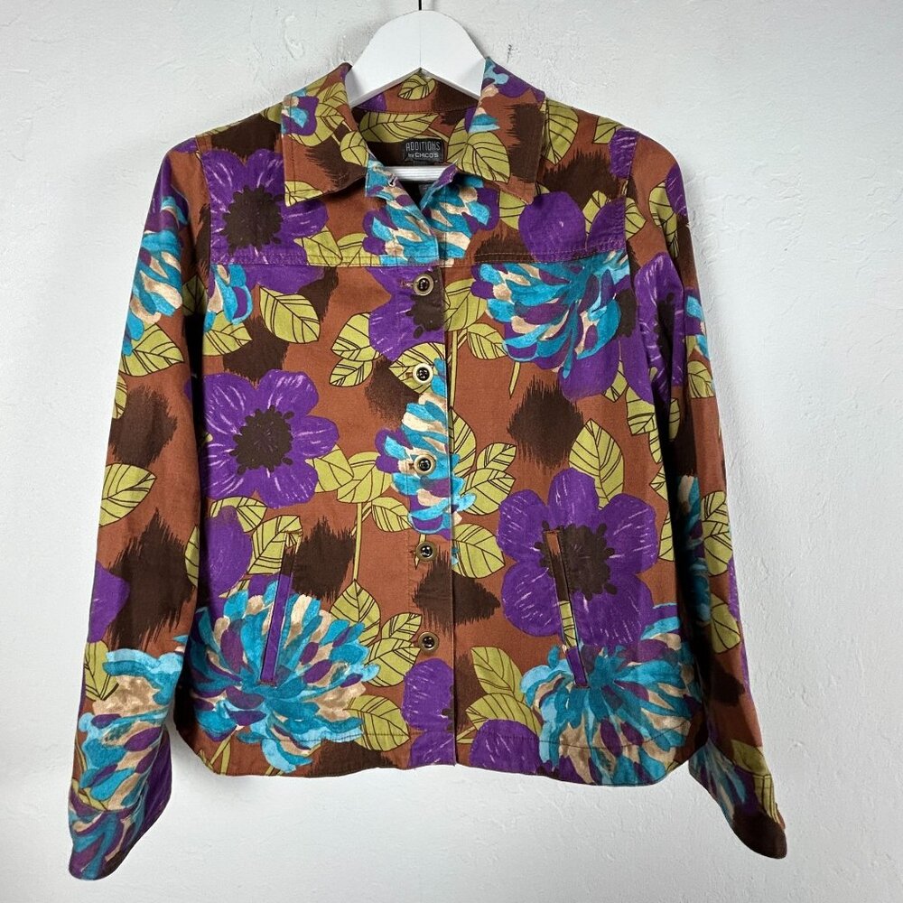 Additions By Chico's Womens Floral Button-Up Shirt Jacket Size 1 Purple Stretch